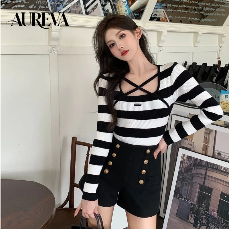Women's Sexy Square-Neck Cross Long Sleeve Slim Fit Knitted Sweater Base Layer Top for Autumn Winter New Arrival 2026