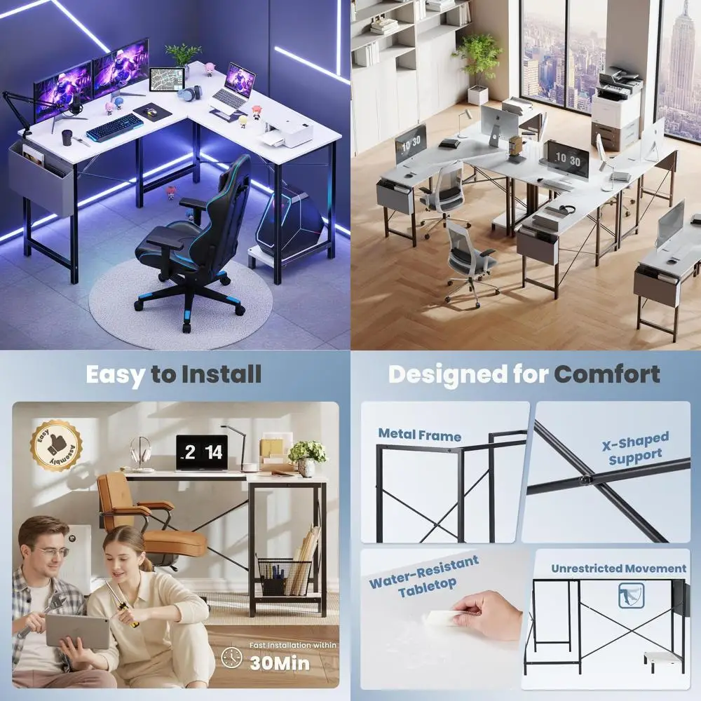 

50-дюймовый L-образный стол для игр, домашнего офиса, письма и учебы с боковым хранилищем для хранения вещей, идеально подходит для небольших помещений.