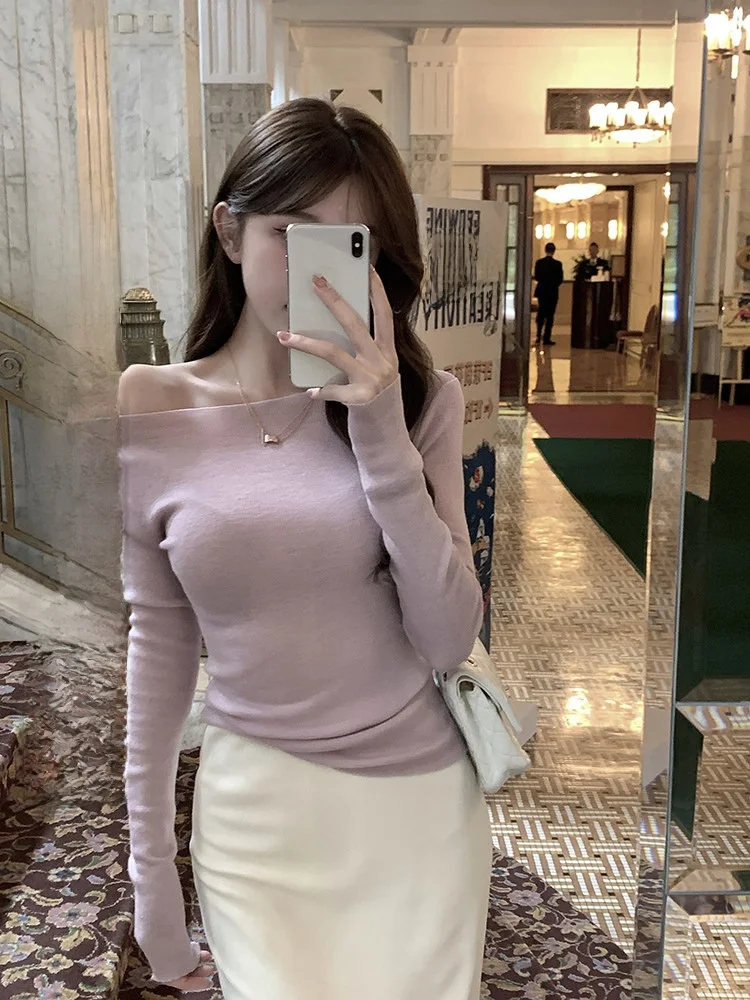 

Slim Fit Long Sve Wool Knitted Sweater Women's Spring Design Waist Cinching oulder Slope Top Base irt Korean Sle