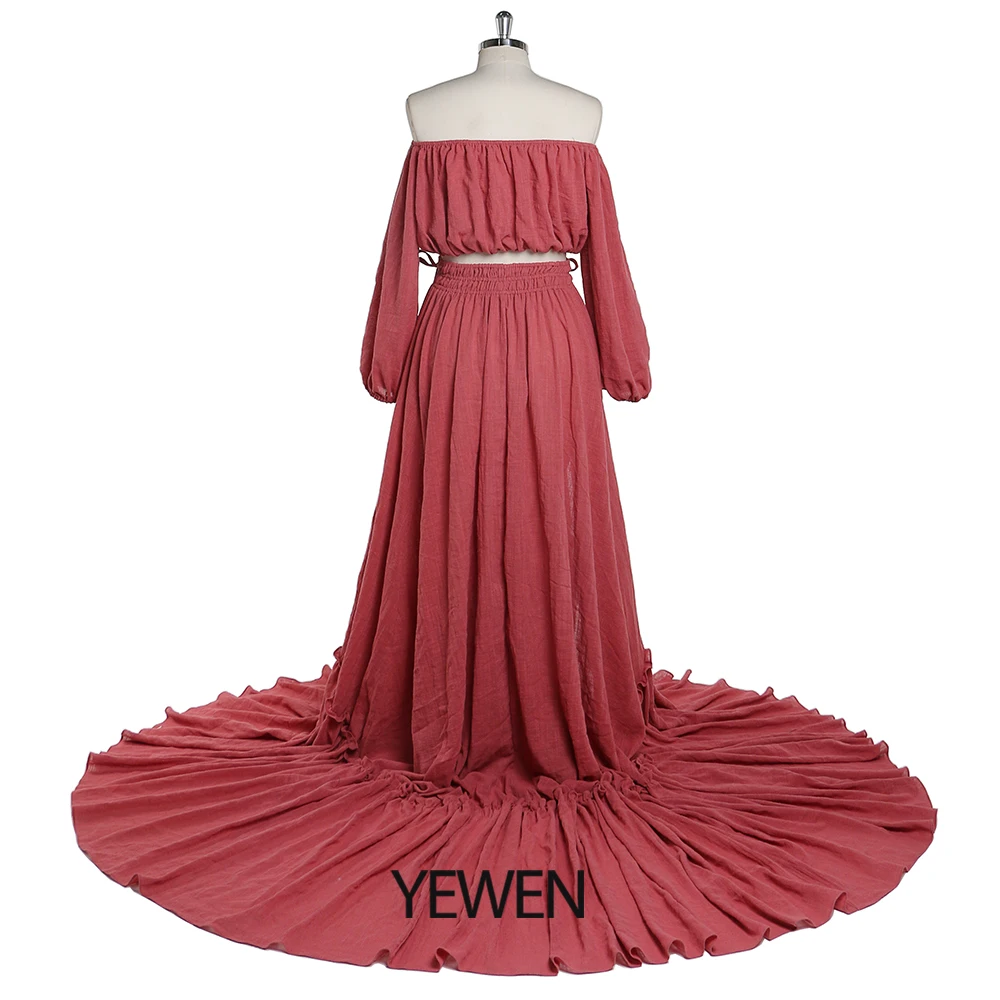 Off Shoulder Two Pieces Gown Beach Maternity Dresses Long Sleeves Photography Dress Baby Shower Dress YEWEN YD211203