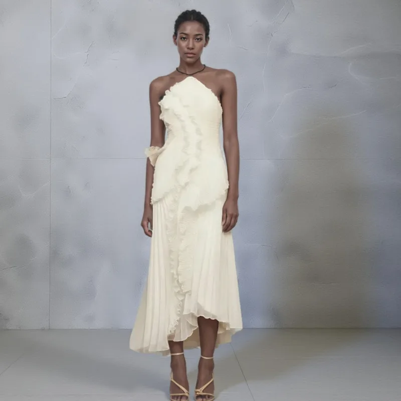 Elegante Halsband Ruches Avondjurk Effen Plooien Een Lijn Lace Up Backless Sexy Feestjurk Nieuwe Feestvakantie Y2k Gewaad ZBA8 - afbeelding 2