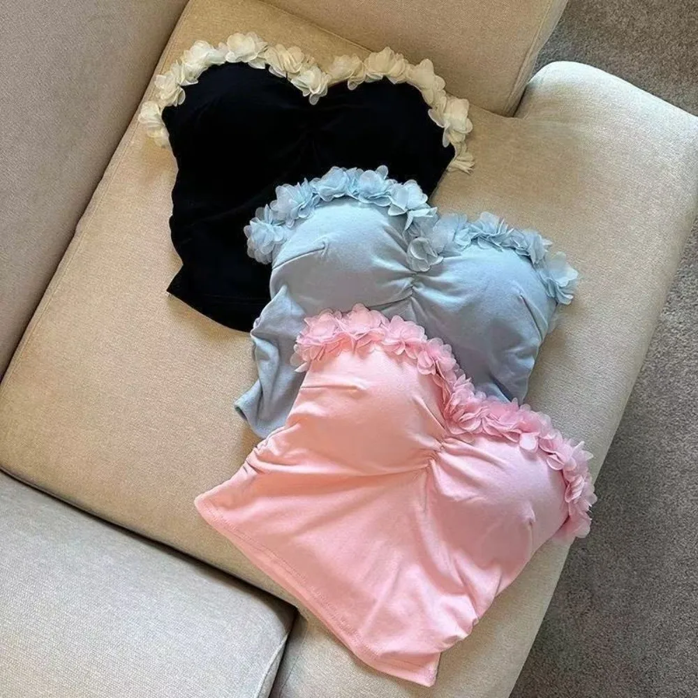 Socialite Style 3D Flower Camisole 3D Flower Decoration Sleeveless Suspender Vest Wrap The Chest Slim Fit Tanks Crop Tops