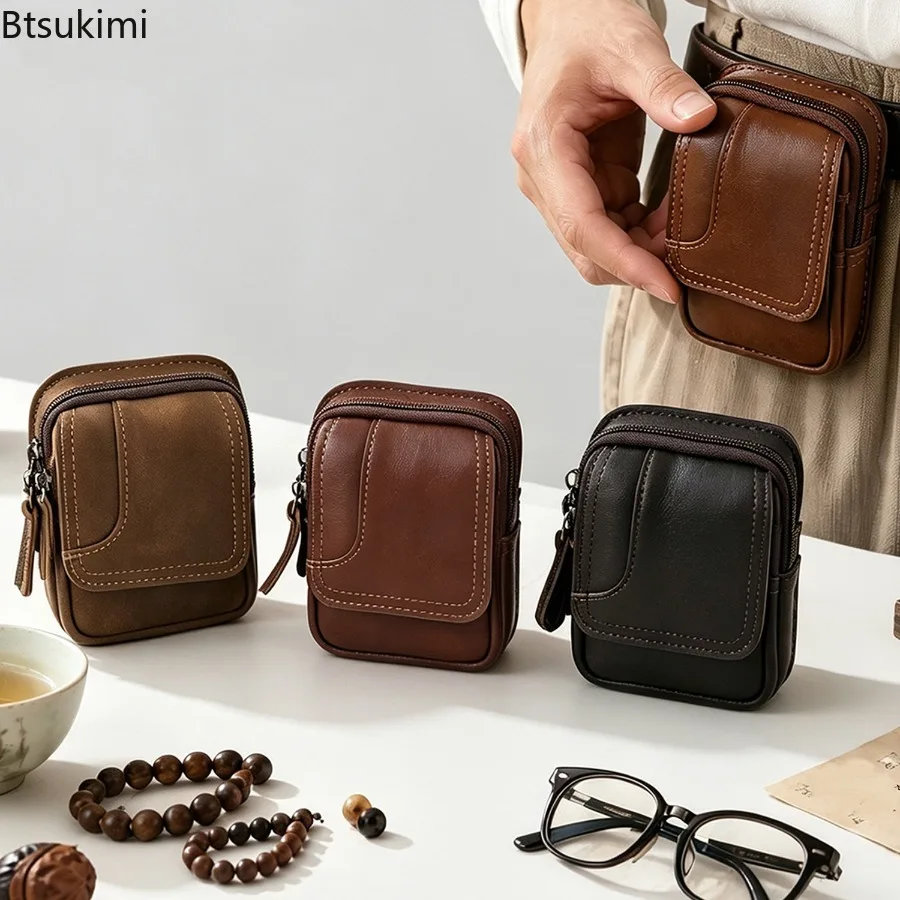 New Vintage Men's Cow Leather Waist Bags Outdoor Casual Sports Belt Waist Packs for Men Wear Resistant Mobile Phone Coin Purses