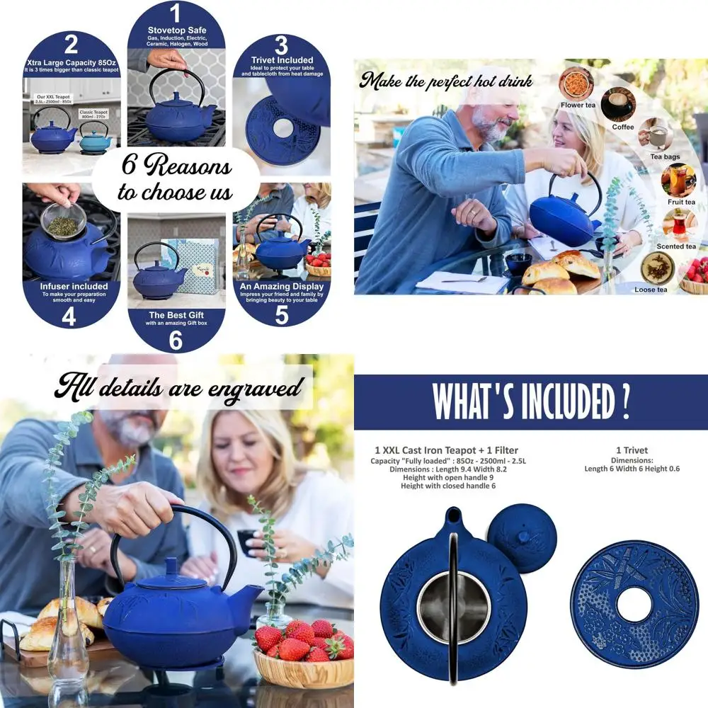 

Большой чугунный чайник на 85 унций с заварочным устройством, синяя эмалированная внутренняя часть, подходящий подставка и большой набор увлажнителей для чайника