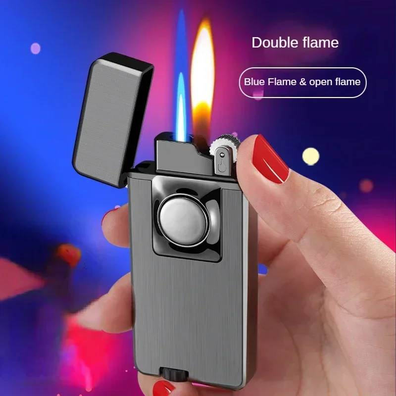 Metal Double Flame Lighter Windproof Cigarette Lighter For Men Butane Gas Lighters Smoking Accessories Grinding Wheel Fire Torch