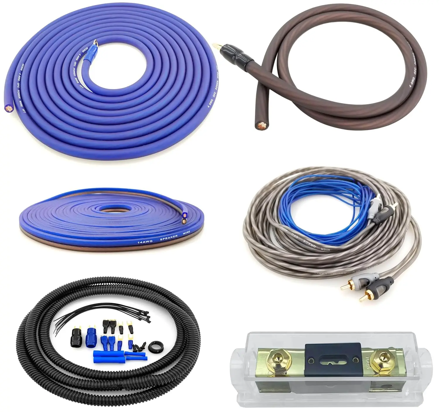 4 Gauge OFC Copper Amplifier Wiring Kit for Car Audio Subwoofer Amp Install with Power Ground RCA Speaker Wires