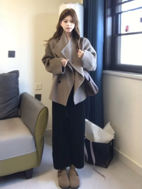 

Korean Style Loose Woolen Coat Fashionable Retro High-End Spring New Arrival Women's Long Sleeve Button up Pure Color Coat