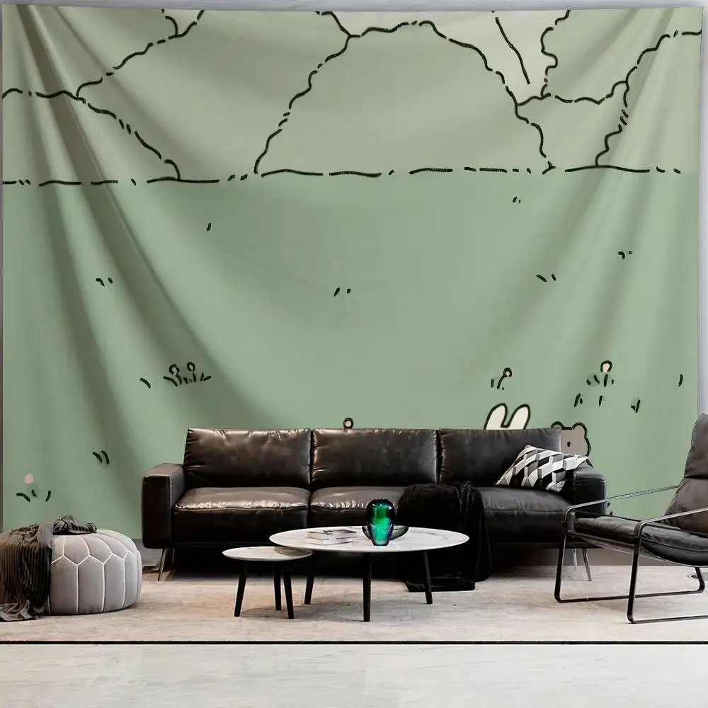 Cute Landscape Tapestry Cartoon Rabbit Pastoral Meadow Sky Cloud Scenery Green Nature Art Bedroom Dorm Living Room Home Decor