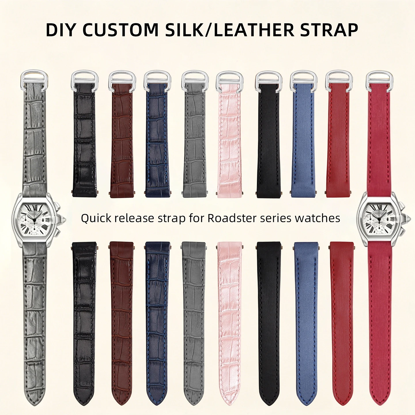 

Быстросъемный ремешок для женских часов Cartier Roadster W62017, шелковый ремешок с крокодиловым узором, кожаный ремешок розового/красного/синего/серого цвета, складная застежка.