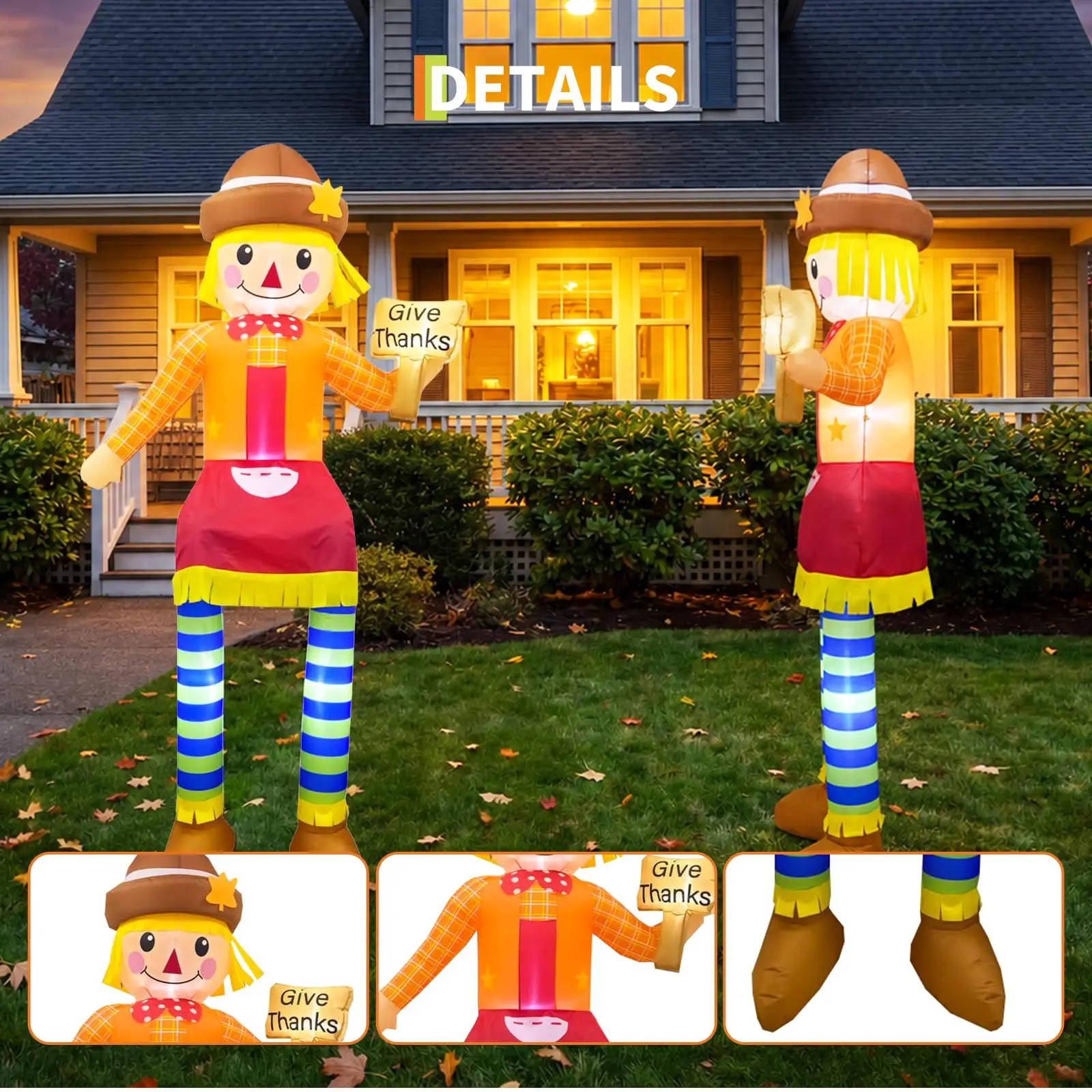 Thanksgiving Inflatable Scarecrow Give Thanks Sign LED Lights Inflatable Fall Yard Decoration Lawn Garden 8 ft