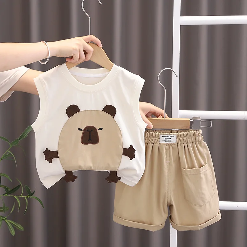 

Korean Boys Summer Thin Vest Set New Fashionable Baby Boys Sleeveless Cartoon Animals Children's T-shirts + Shorts 2-piece Set