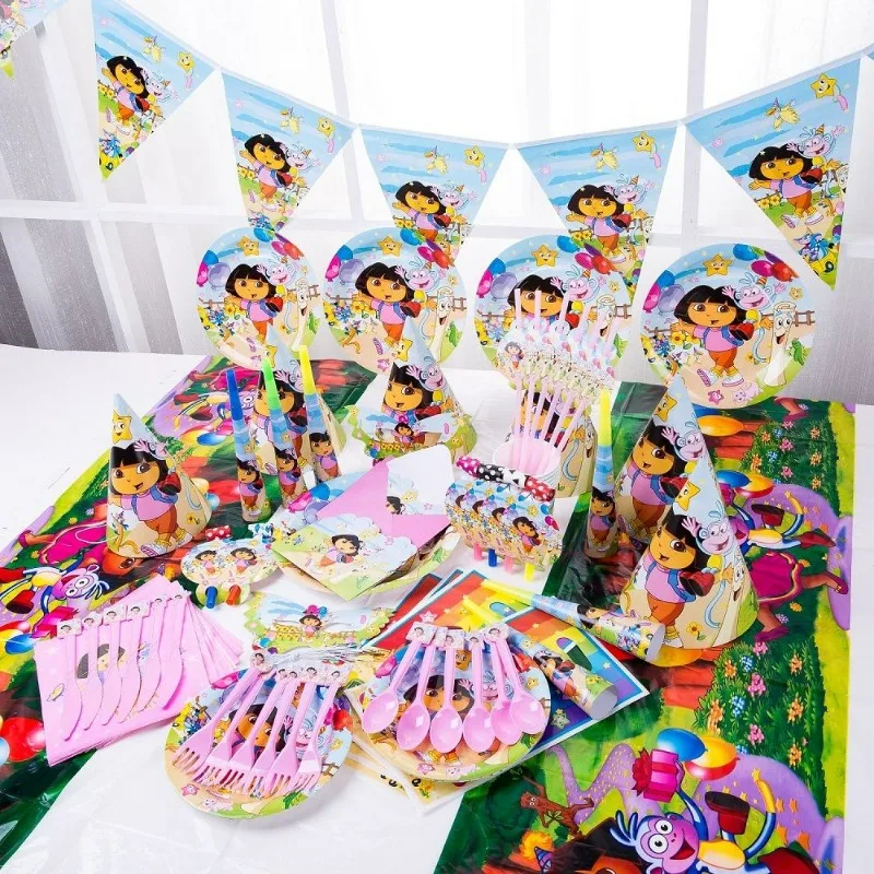 

Cartoon-Dora-The-Explorer Kids Birthday Party Disposable Plate Cup Banner Background Cake Topper Decoration Supplies Baby Gifts