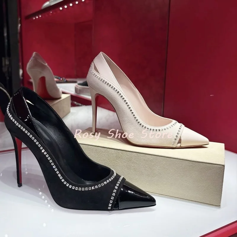 

Women's Elegant Cut-Outs Design Patent Toe and Heel Suede Upper Stitching Stiletto Pumps Pointed Toe Sparkling Crystals Surround