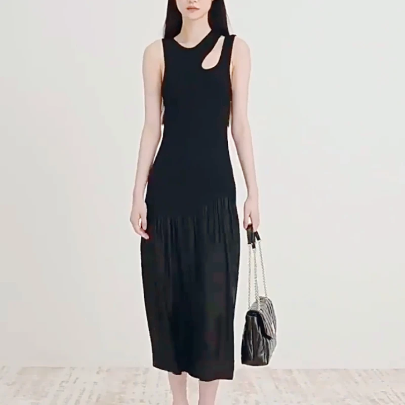 

2024 summer women black knitted hollow maxi dress sleeveless slim fit office ladies elegant robe