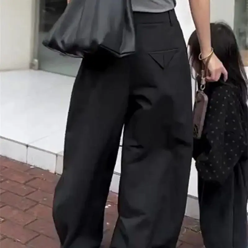 الصيف الكورية موضة مطوي جيب الشارع الشهير بنطلون 234A أسود بنطال ذو قصة أرجل واسعة النساء عالية الخصر عادية فضفاض بالازو السراويل