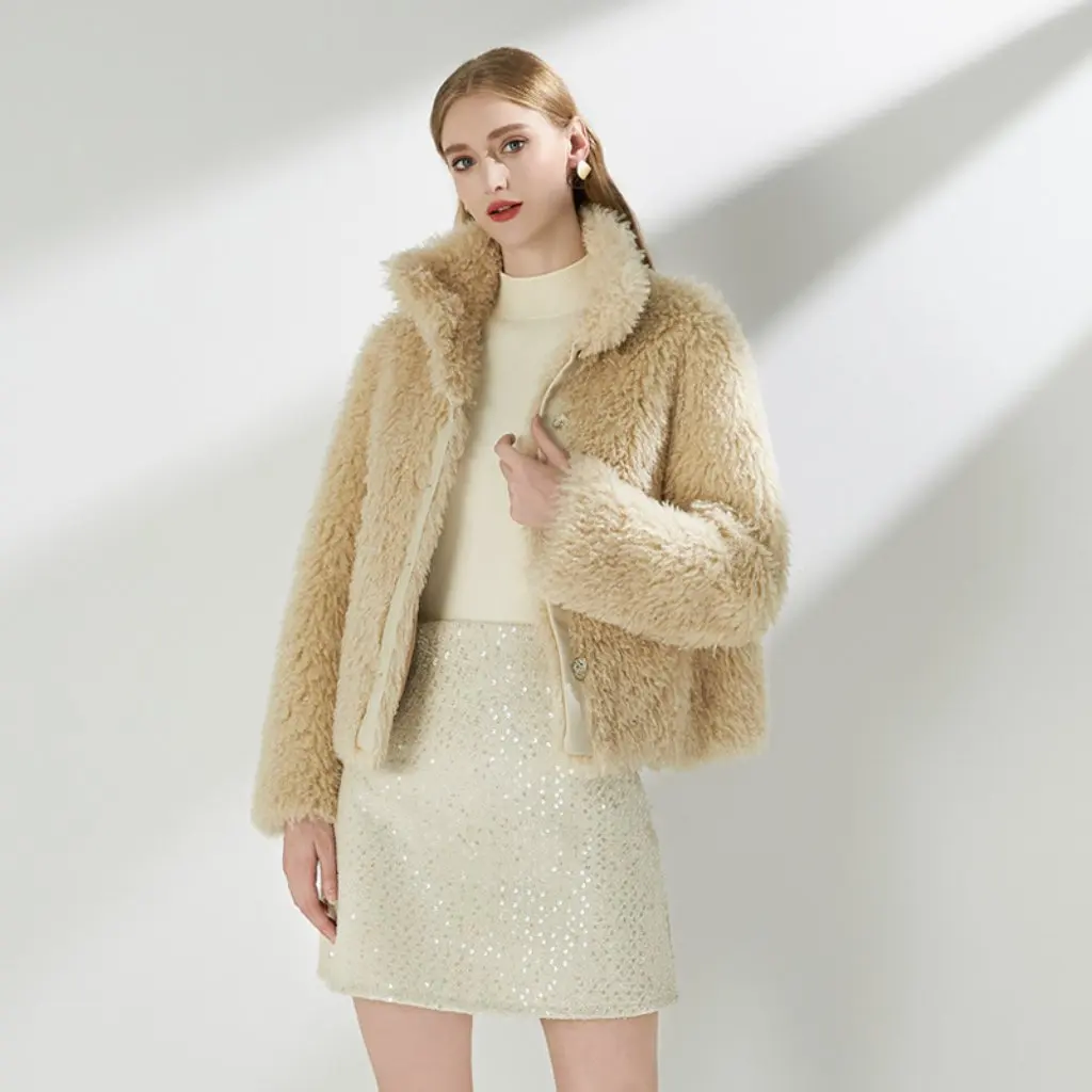 

Женское пальто из овечьей шерсти, осенне-зимнее модное меховое абрикосовое толстое теплое пальто с воротником, новый стиль