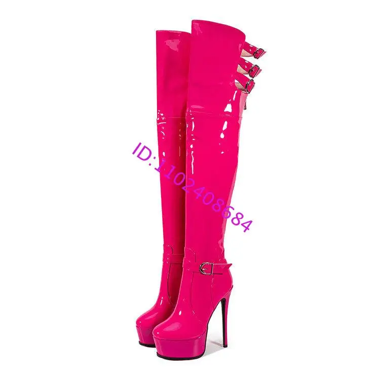 Design Women Round Toe High Platform Over The Knee Boots Sexy Lady Belt Buckle High Heel Platform Thigh High Boots