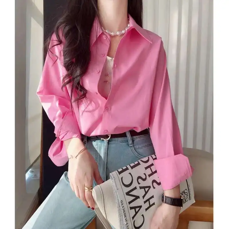 

Women Lyocell Cotton Shirts Spring Summer Turn Down Collar Long Sleeve Breathable Solid Casual Shirt