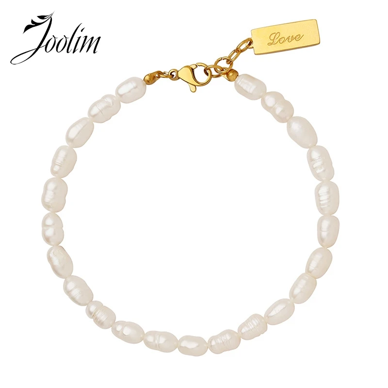 

Joolim Jewelry Wholesale High End PVD No Fade Elegant Square Brand Pendant Fresh Water Pearl Stainless Steel Bracelet for Women