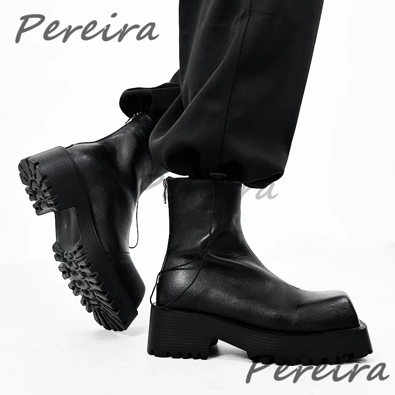 ساحة تو سميكة وحيد دراجة نارية أحذية الرجال الأسود مكتنزة منصة جلدية أحذية بوت قصيرة الخريف الشتاء الدانتيل يصل الراحة الرجال الجوارب