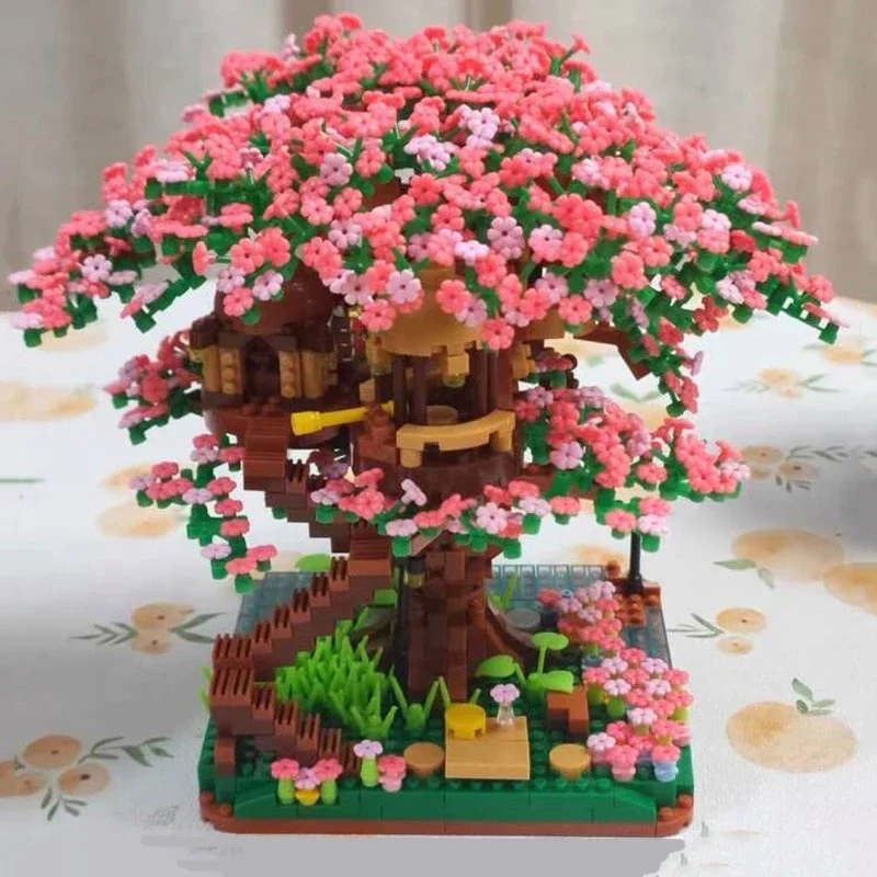 LHCX 609 World Architecture Sakura Flower Tree House Cabin Garden Swing River DIY Mini Diamond Blocks Bricks Building Toy No Box