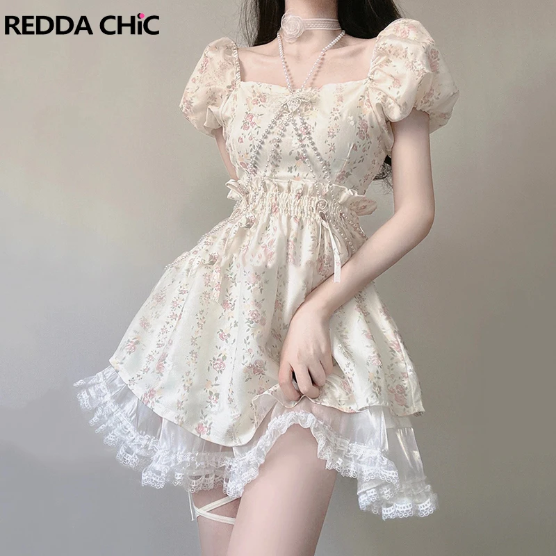 ReddaChic Square Neck Floral Mini Dress Women Short Sleeves Stitch Lace Puffy Dress Sweet Girl Summer Holiday Desire One-piece