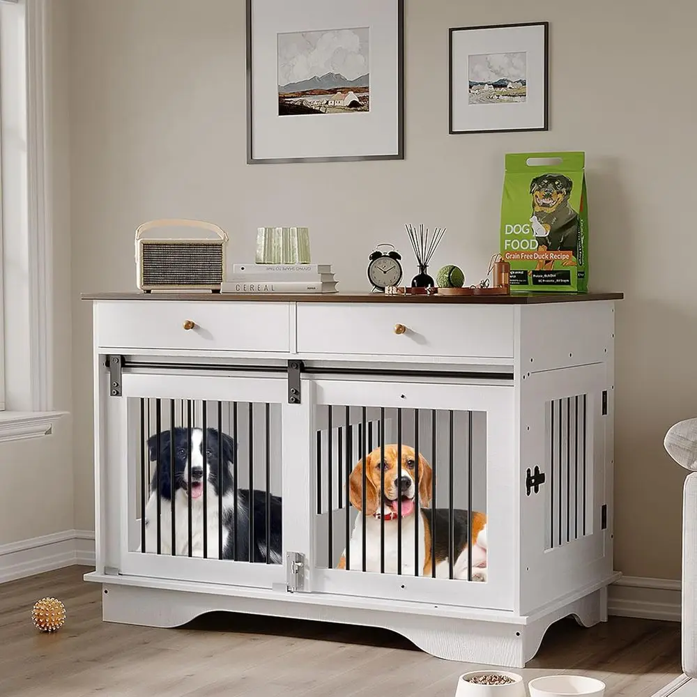 

Двухсекционная клетка для собак 47 с перегородкой и 2 ящиками, стильная тумба под ТВ/приставной столик, белая комнатная клетка для крупных, средних и мелких собак