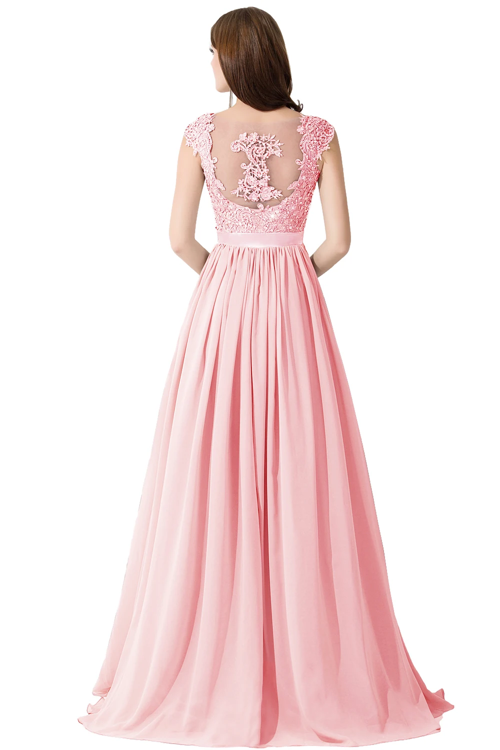BABYONLINE A Line Pink Bridesmaid Dresses for Beads Sequin Chiffon Wedding Party Long Illusion Back Prom Gowns robe soirรฉe