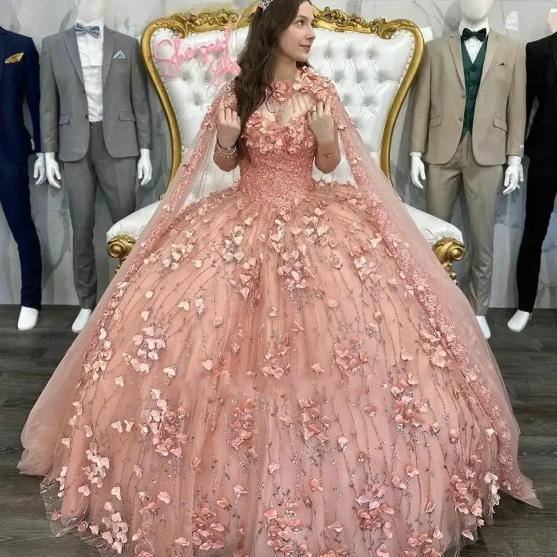 

Rose Gold Quinceanera Dresses Ball Gown Sweetheart Floral Sparkle Applique Sweet 16 Dresses 15 Años Mexican Customized