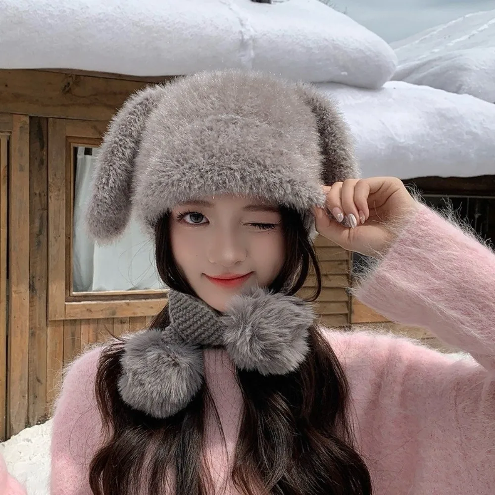 Fluffy Texture Bunny Ear Beanie Warm Lining Pom Pom Detail Knit Winter Hat Knit Material Slouchy Style Earflap Pom Pom Hat