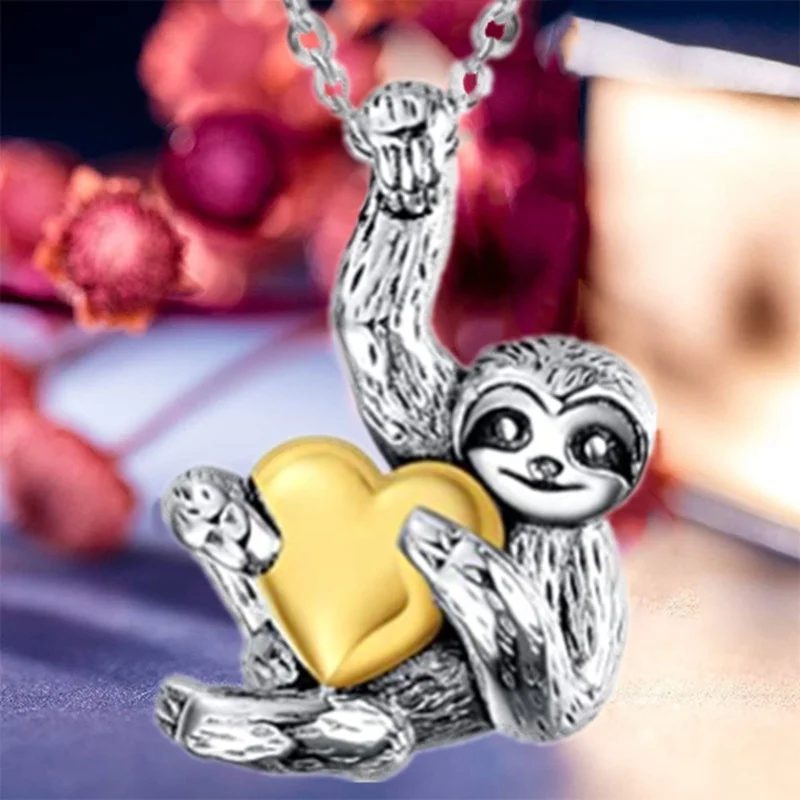 Fashion Heart Hugging Sloth Necklace Long Chain Sloth Pendant Engagement Necklaces for Women Animal Jewelry Anniversary Gift