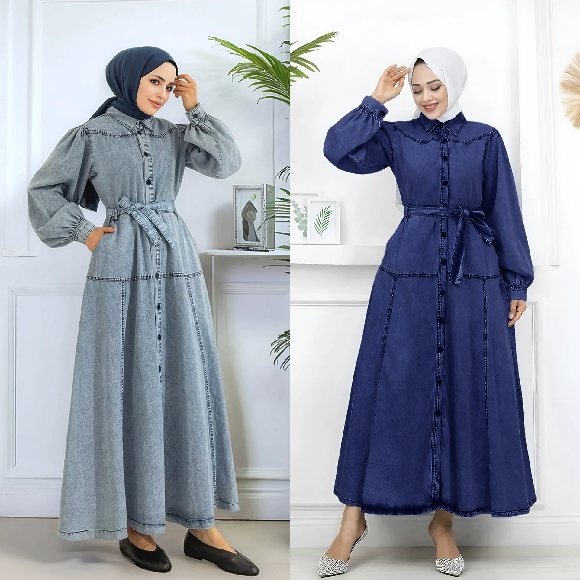 Ramadan Médio Oriente Islâmico Arábia Saudita vestido jeans feminino muçulmano vestido de moda de luxo solto casual lanterna manga vestido jeans