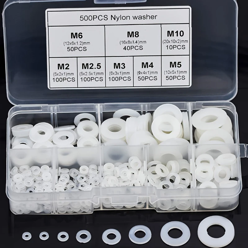 500Pcs Nylon Plastic Flat Washers Assortment Set  M2-M10 Durable High-Temperature Resistance Washers with Dielectric Insulation