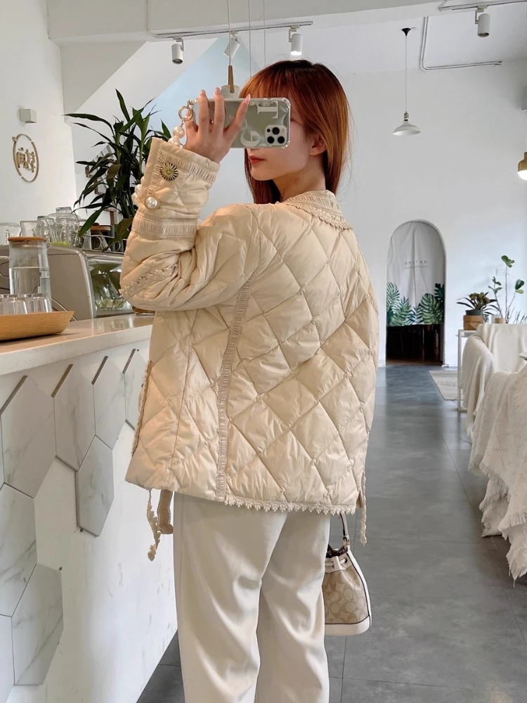 Kurtka puchowa z 90% białego puchu kaczego, nowa francuska parka w stylu socjalitki z pionowym kołnierzem, wieloma kieszeniami, zapinana na guziki, wysokiej jakości puchowa kurtka.