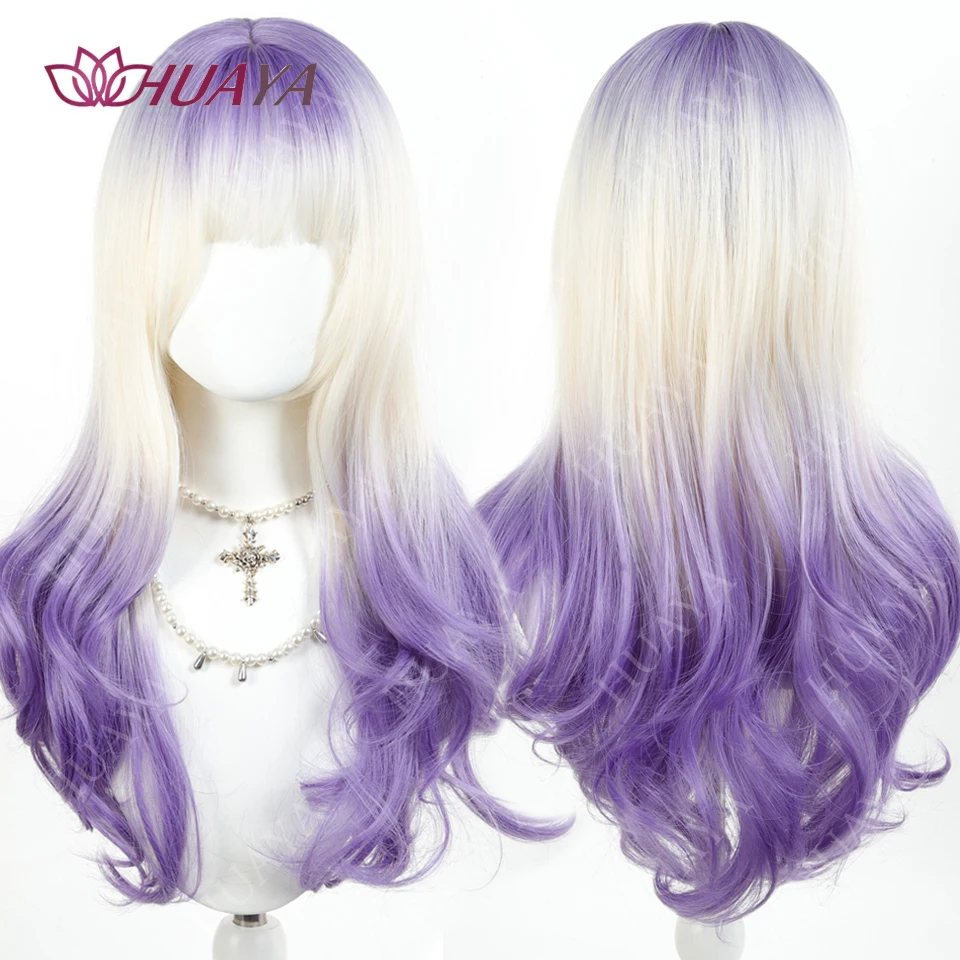 

Ombre Фиолетовый Белый Большой Волнистый Синтетический Натуральный Парик с Челкой Длинный Прямой Парик для Женщин Красочные Накладные Волосы Косплей Лолита