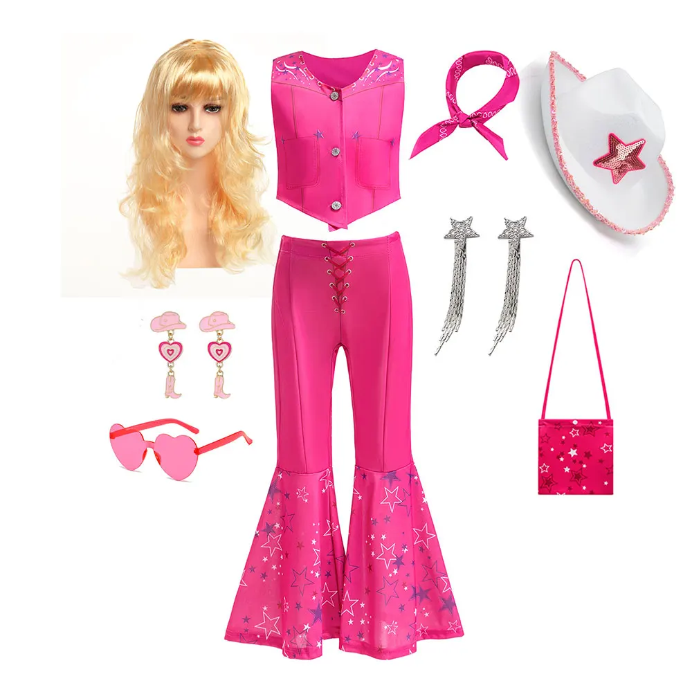 Girls Pink Cowboy Look Costume Hot Movie Margot Robbie Role Play Street Wear Barbi Dress up Top and Pants Doll Icon Clothing Set