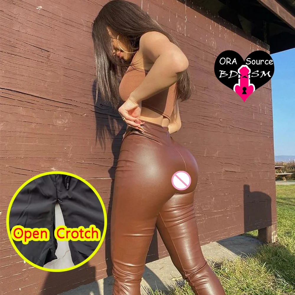 

Woman Open Crotch Leather Pants Sexy Panties for Couple Outdoor Sex Crotchless PU Legging Latex Hidden Zipper Club Flash