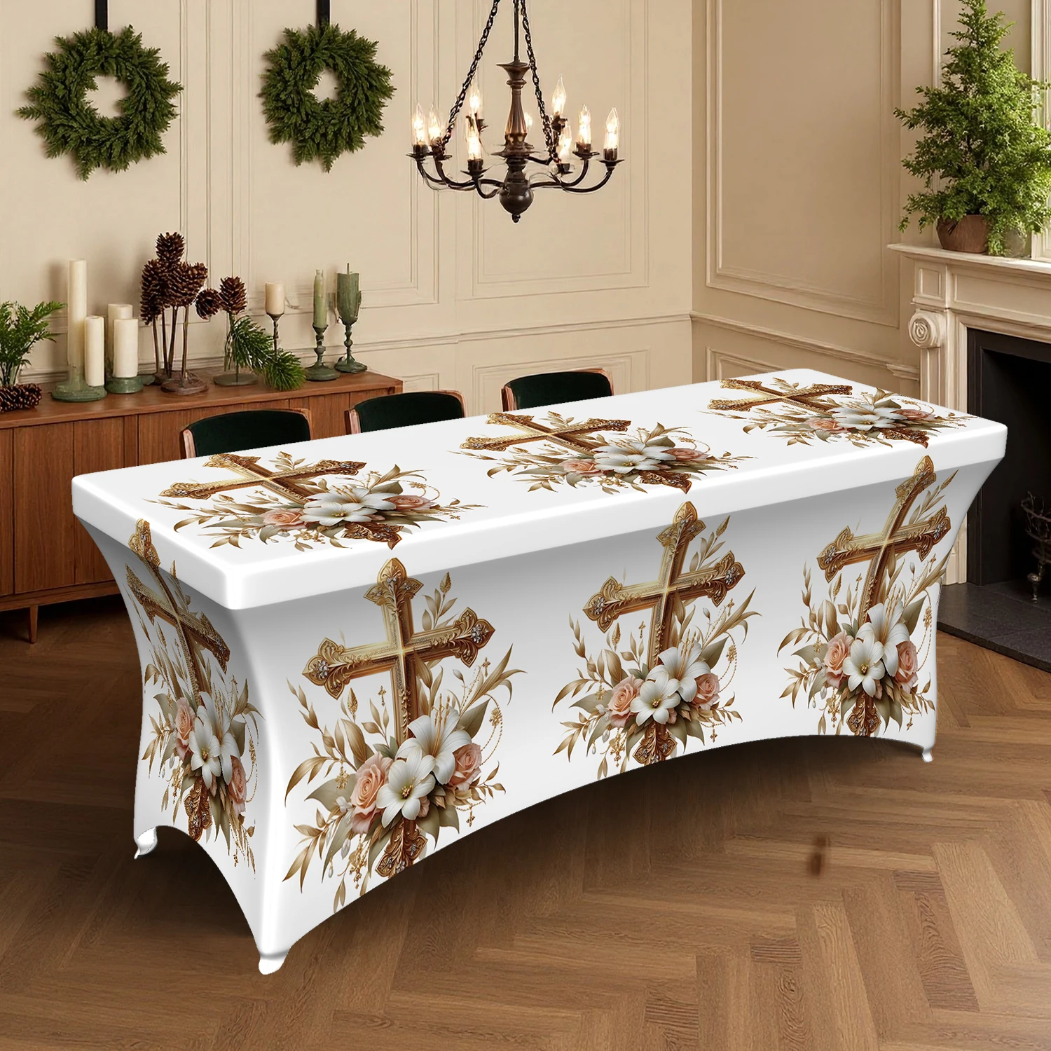 1PC Summer Outdoor Elastic Tablecloth, Cross & Magnolia Floral Printed Fitted Table Cover, 4/6/8FT Rectangula