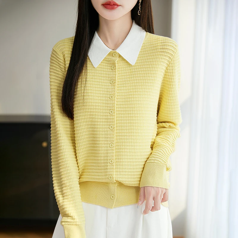Classic Autumn Women's Wool Cardigan Round Neck Long Sleeve Solid Color Knitted Sweater Soft High Quality Basic Loose Top