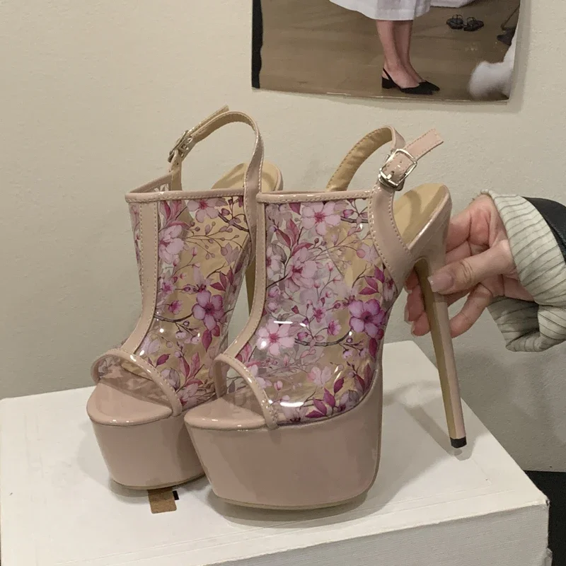

Aneikeh Fashion Platform Peep Toe Sexy Stiletto High Heels PVC Transparent Women Sandals Buckle Strap Banquet Shoes