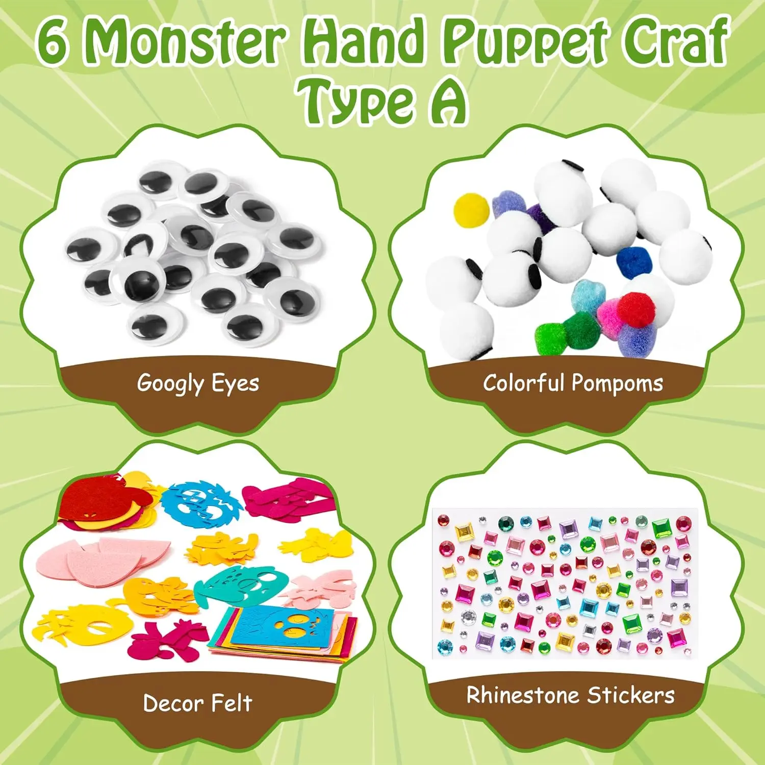 6Pcs DIY Hand Puppet Craft Kit with Pompoms & Googly Eyes, Creative Felt Sock Puppet Toys for Kids Role Play Party