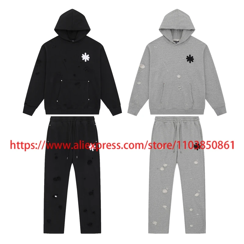 

Europe America Trend New LOST SHDWS Hoodie Sweatpants Embroidery Logo Classic Black Gray Ripped Pullover Sweatpants Men Women