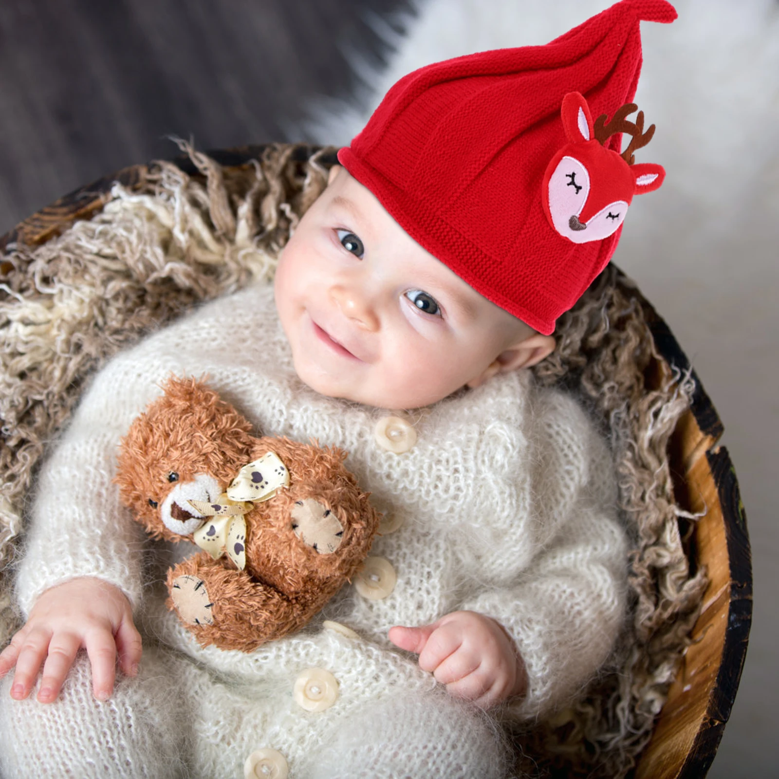 

1Pcs Warm Hat for Baby Christmas Knitted Headpiece Red Infant Beanie Soft Comfortable Kids Cap Holiday Party Accessory