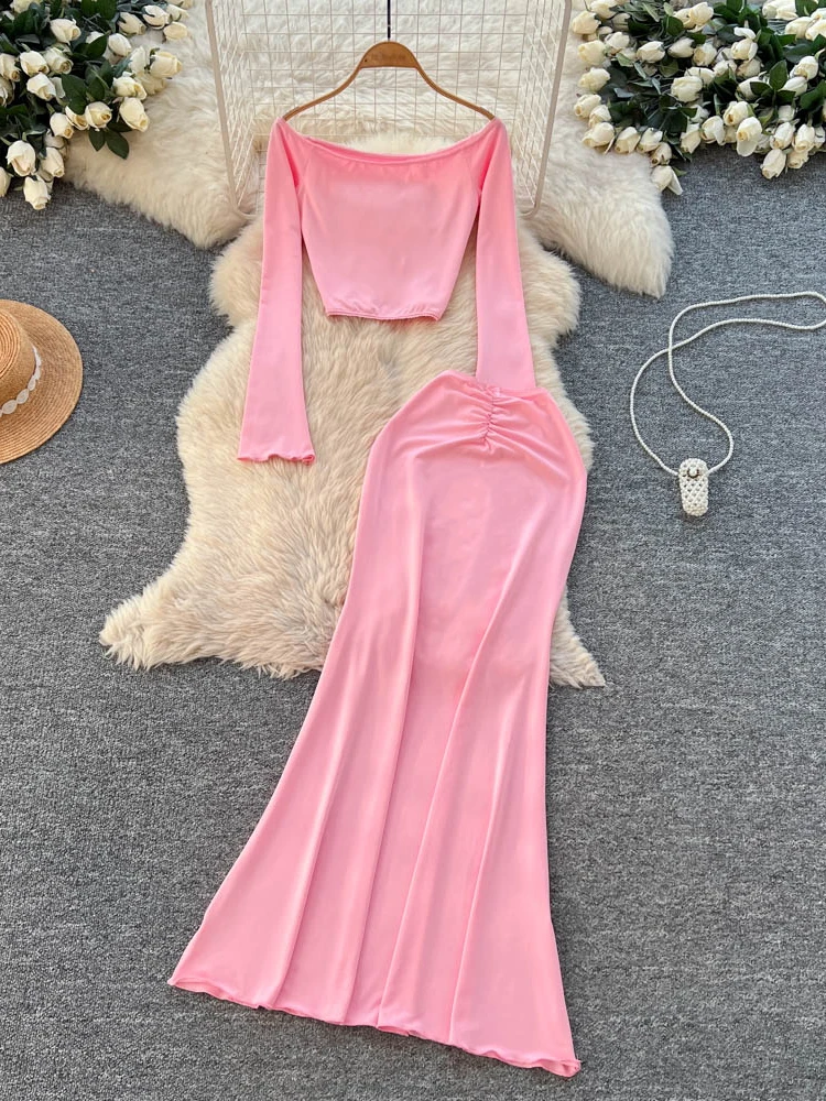 

Шикарный комплект из топа и юбки с высокой талией и воланами, женский комплект для поездок на работу, осенний наряд больших размеров обычной длины све