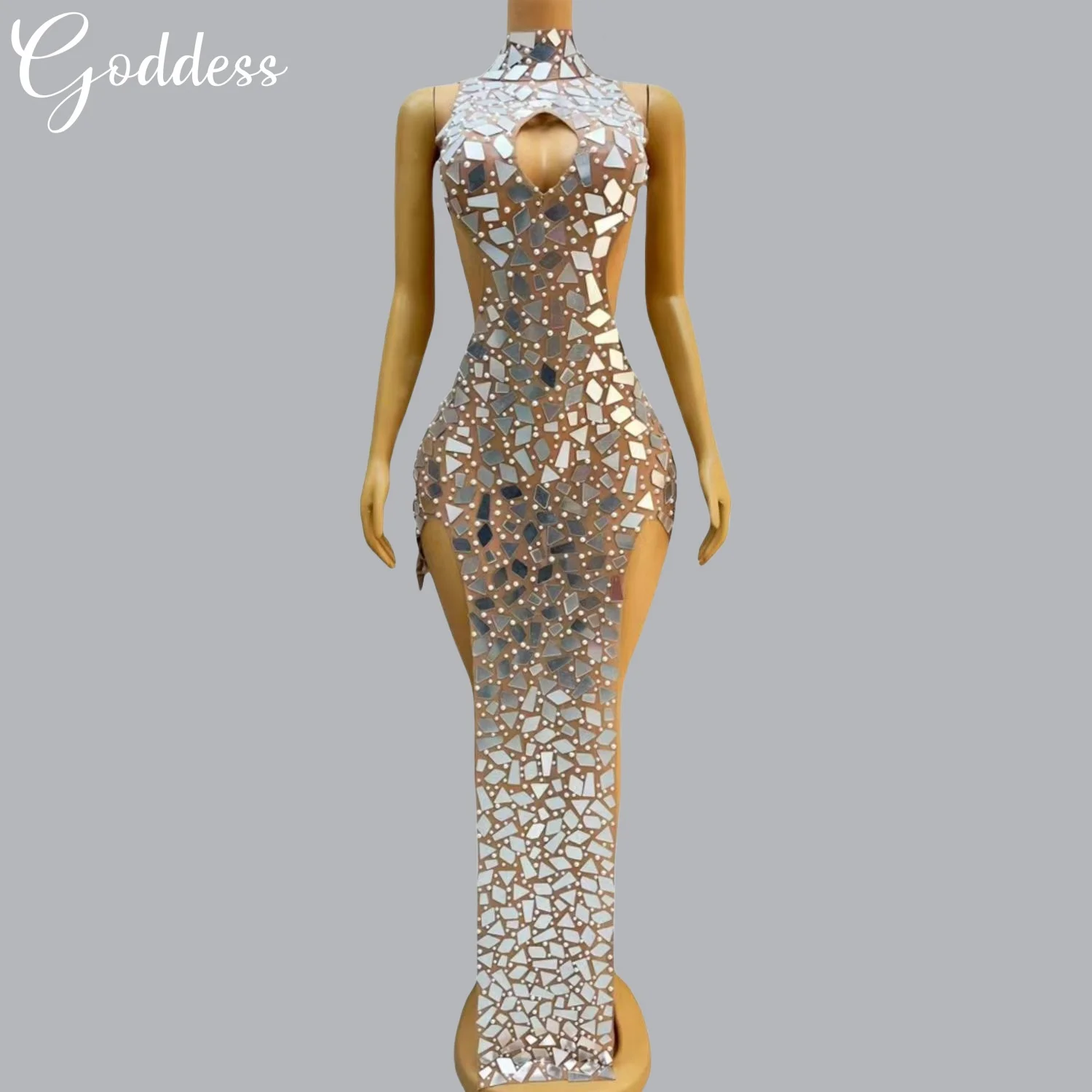 

Silver Sequins Laser Mirror Nightclub Party Singer Stage Wear Prom Costumes Women Fringes Performance Outfit Sexy Split Dress