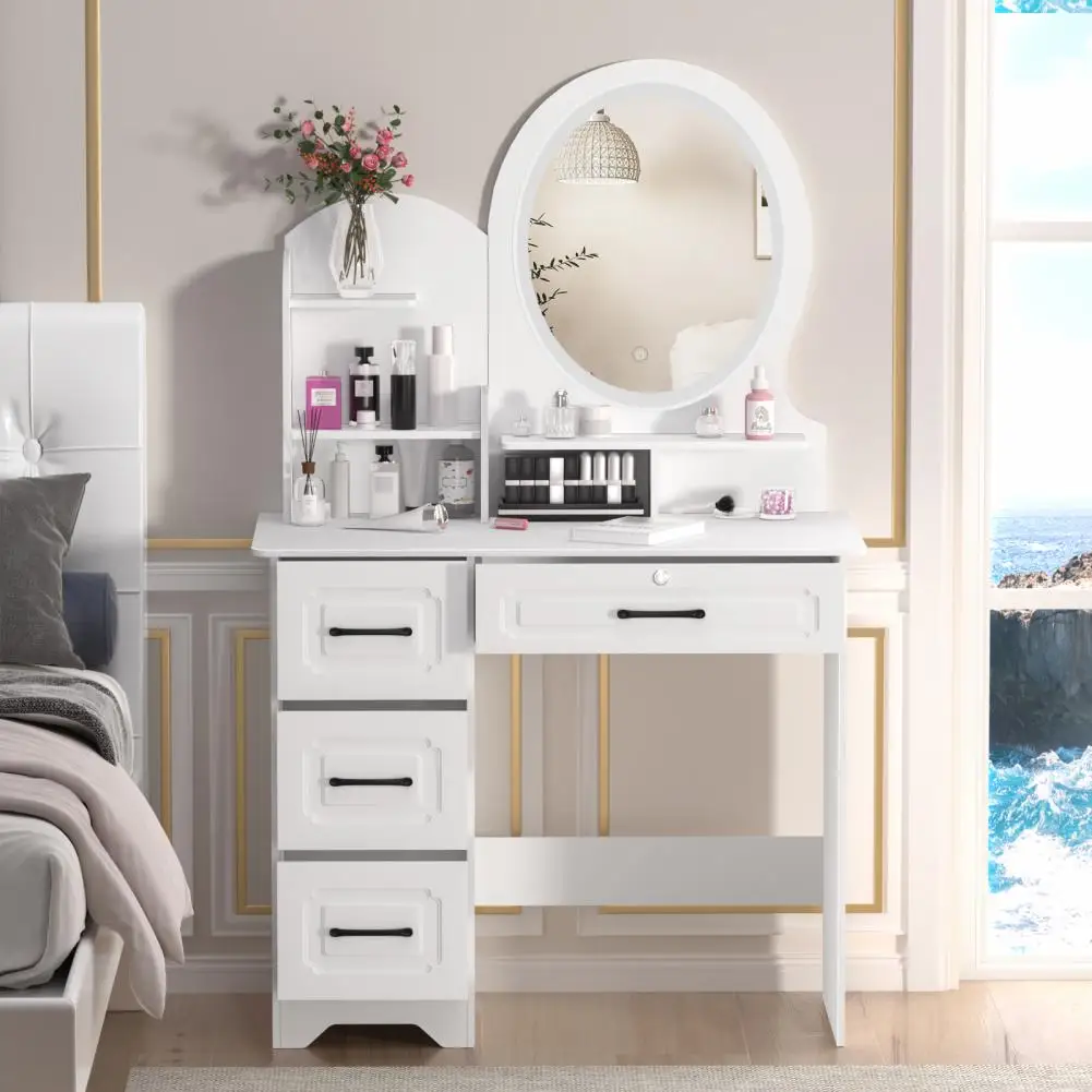 Makeup Desk with Mirror Large Vanity Desk with Storage Shelves, 4 Drawers, Makeup Vanity Table with Light Bedroom Dressing Table