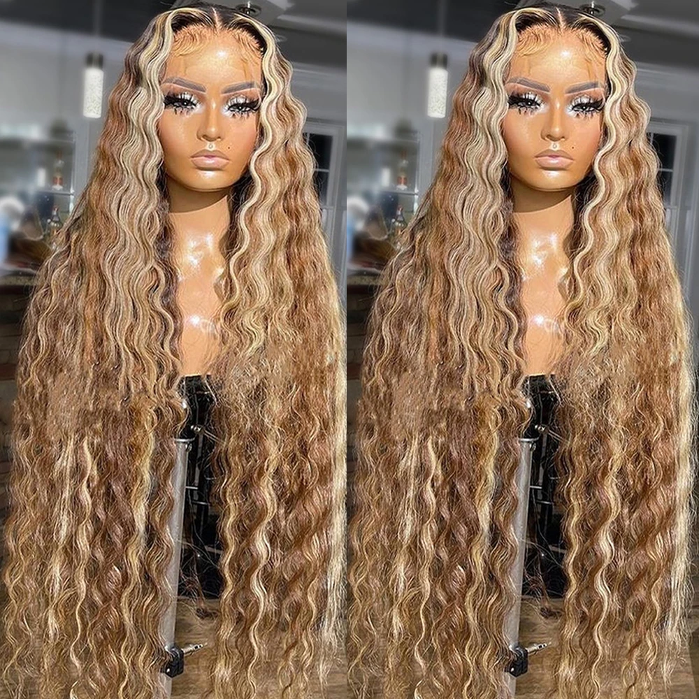 Deep Wave Highlight Honey Brown Curly Lace Front Human Hair Wigs 13x4 13X6 30 Inch Remy Ombre Colored Lace Frontal Wig For Women