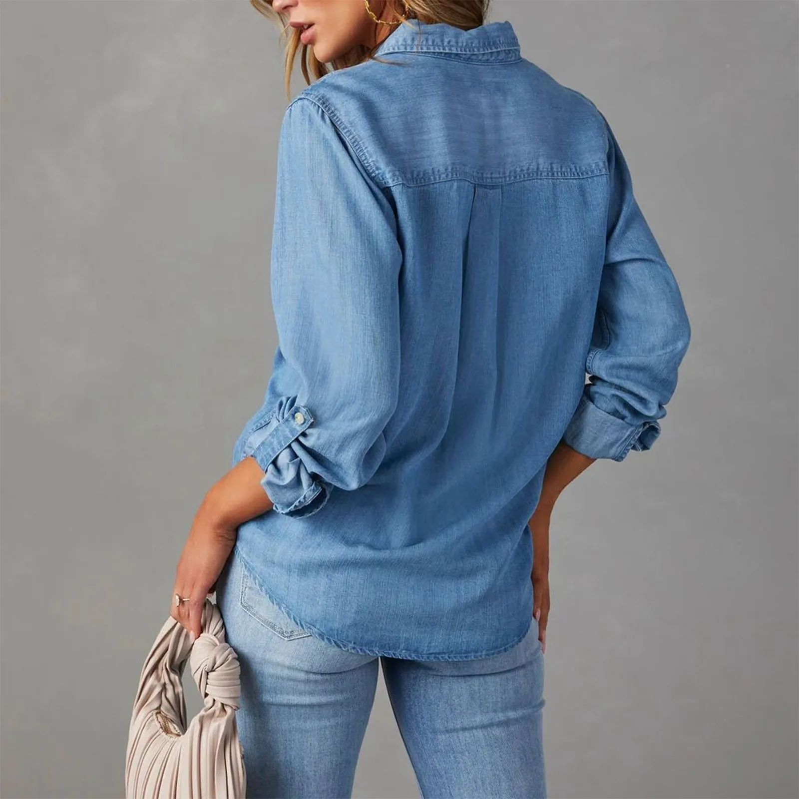 Western Cowboy Dames Denim Shirt Top Effen Kleur Omlaag Kraag Enkele Rij Lange Mouw High Street Blauw Denim Shirt