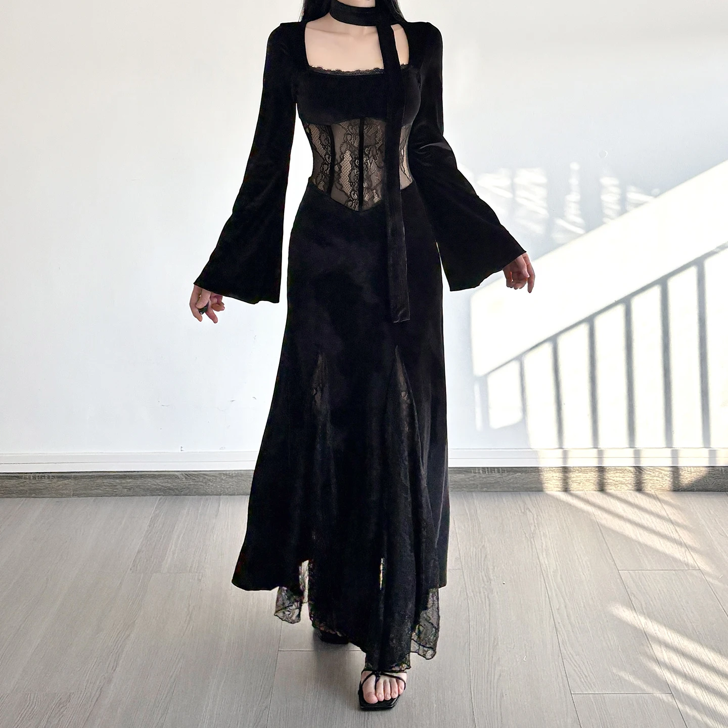 

Elegant Fashion Patchwork Lace Velvet Dress With Scarf Vintage Slim Solid Square Collar Long Sleeve Split Maxi Dresses Women