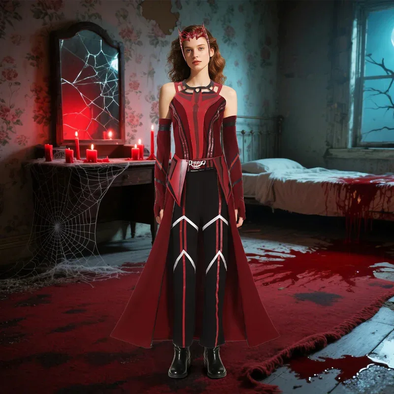 

Women Wanda Maximoff Cosplay Costume Scarlet Witch Headwear Cloak and Pants Full Set Outfit Halloween Accessories Props ty'4